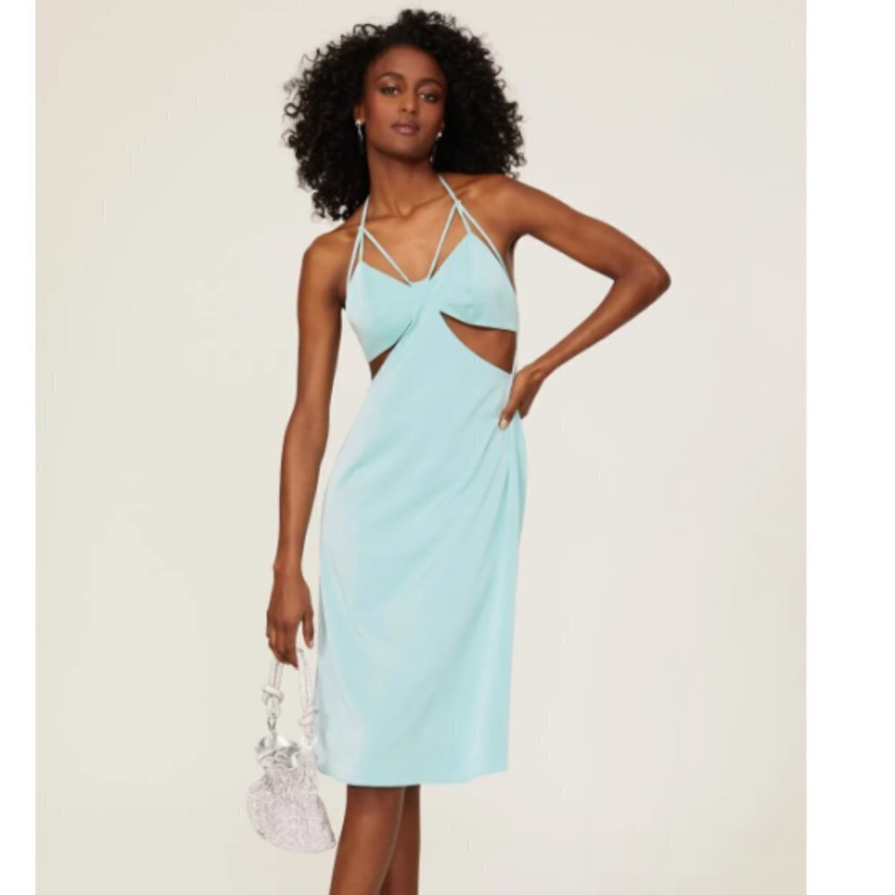 Sipos Blue Crepe Butterfly Cut Out Strappy Halter‎ Midi Slip Dress Size Large